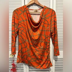 MICHAEL Michael Kors size L orange multicolor chain link MK logo 3/4 sleeve top